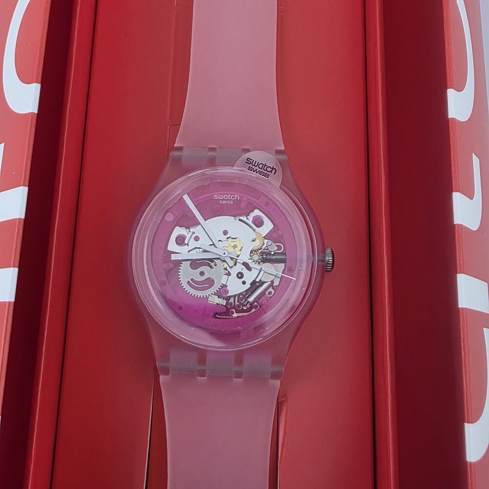 Swatch Pink Transparent Dial Pink Silicone Strap Watch - Picture 3 of 12
